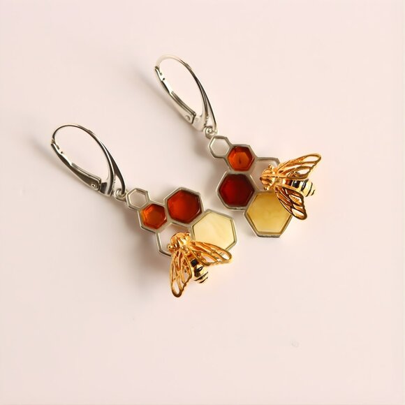 Baltic Amber Earrings- Gold Bee and Honeycomb Design -Sterling Silver - Picture 2 of 5